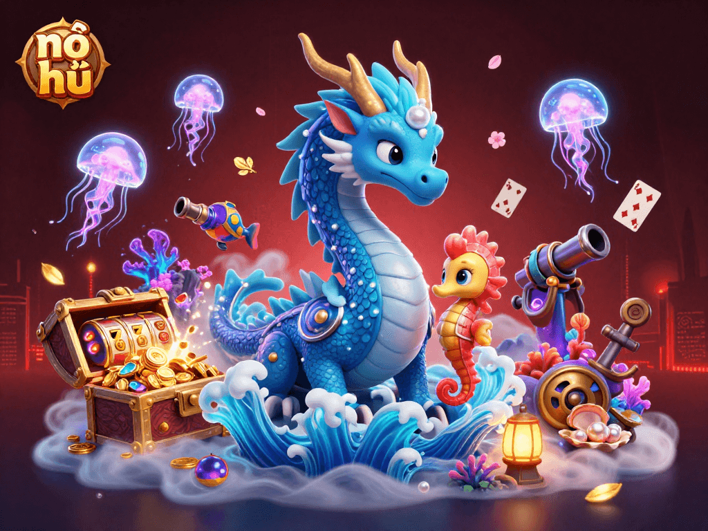 Experience nổ hũ excitement with vibrant casino elements in a 3D fantasy illustration.