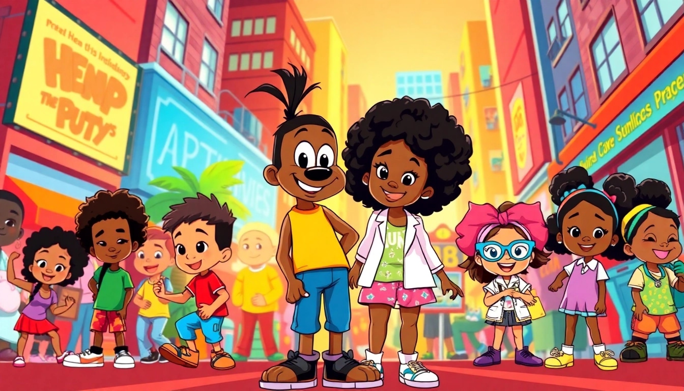 Celebrate African American Cartoons with beloved characters in a vibrant urban scene full of joy and diversity.