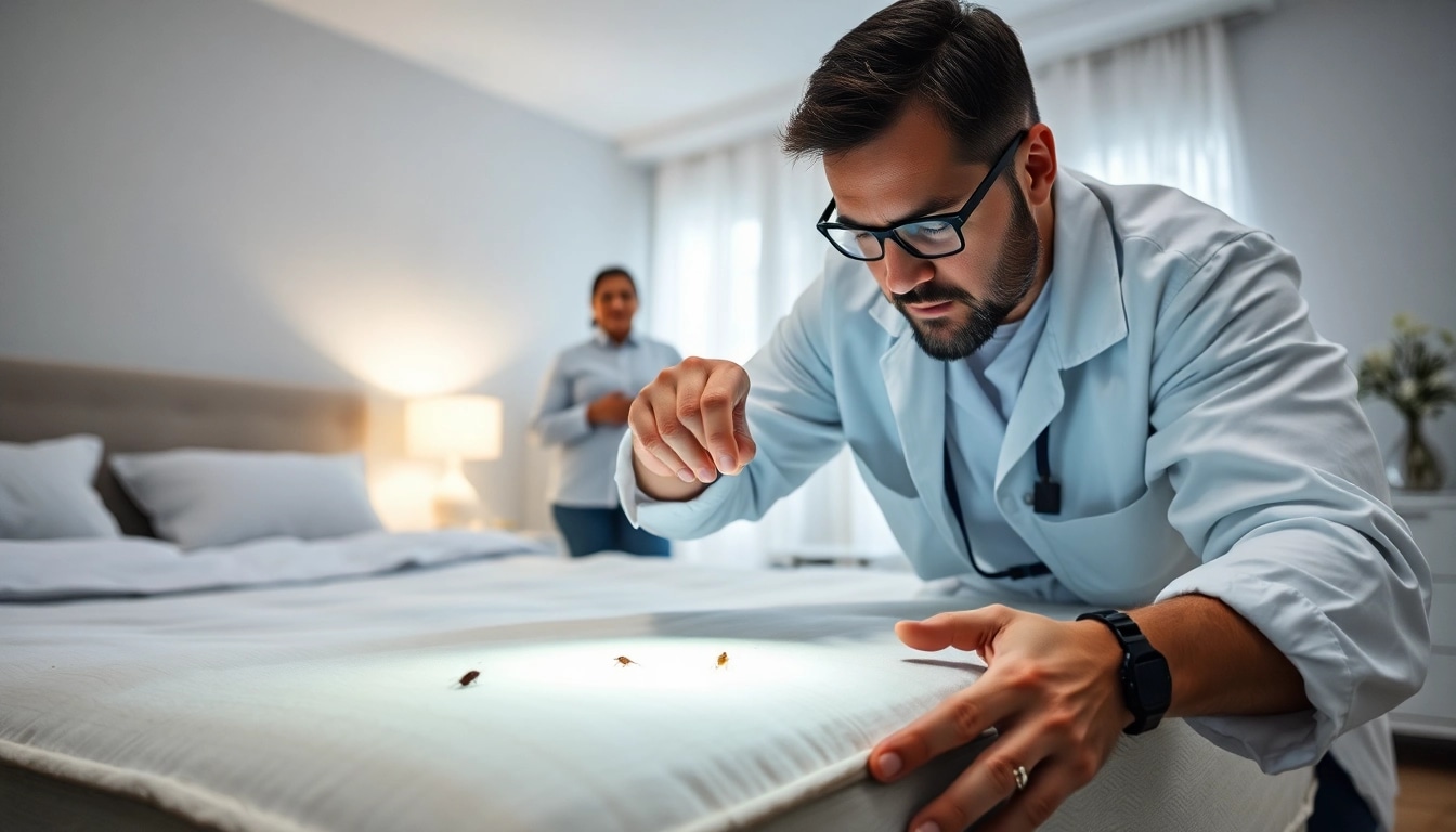 Examine bed bug treatment cost with expert analyzing infestation in a bedroom.
