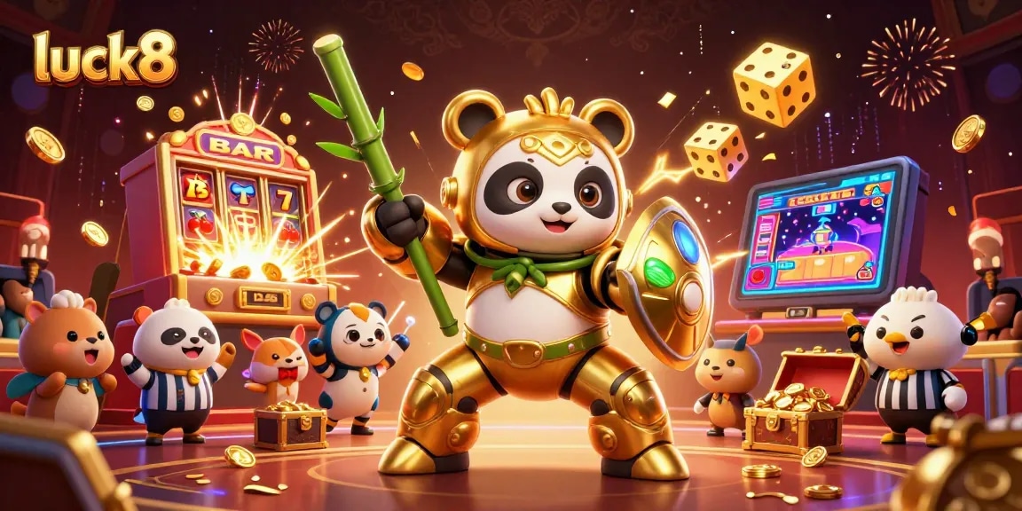 Experience excitement at luck8 with a golden panda in mech-suit battling amidst vibrant casino games.