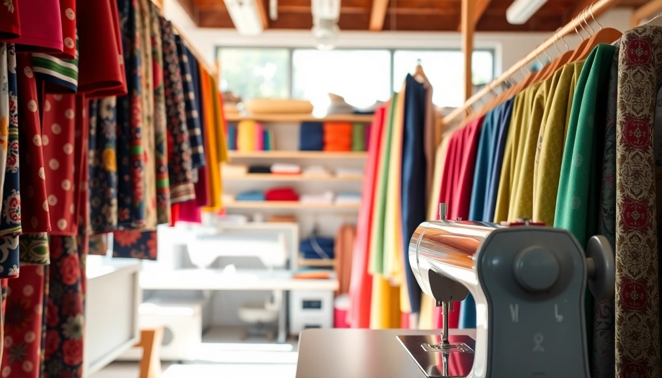 Dames stoffen online in vibrant colors and textures showcased in a sewing studio.