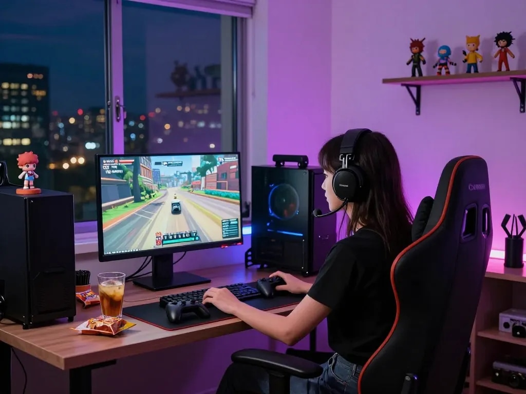Engaged gamer enjoying Degrees of Lewdity in a cozy gaming setup with city lights.