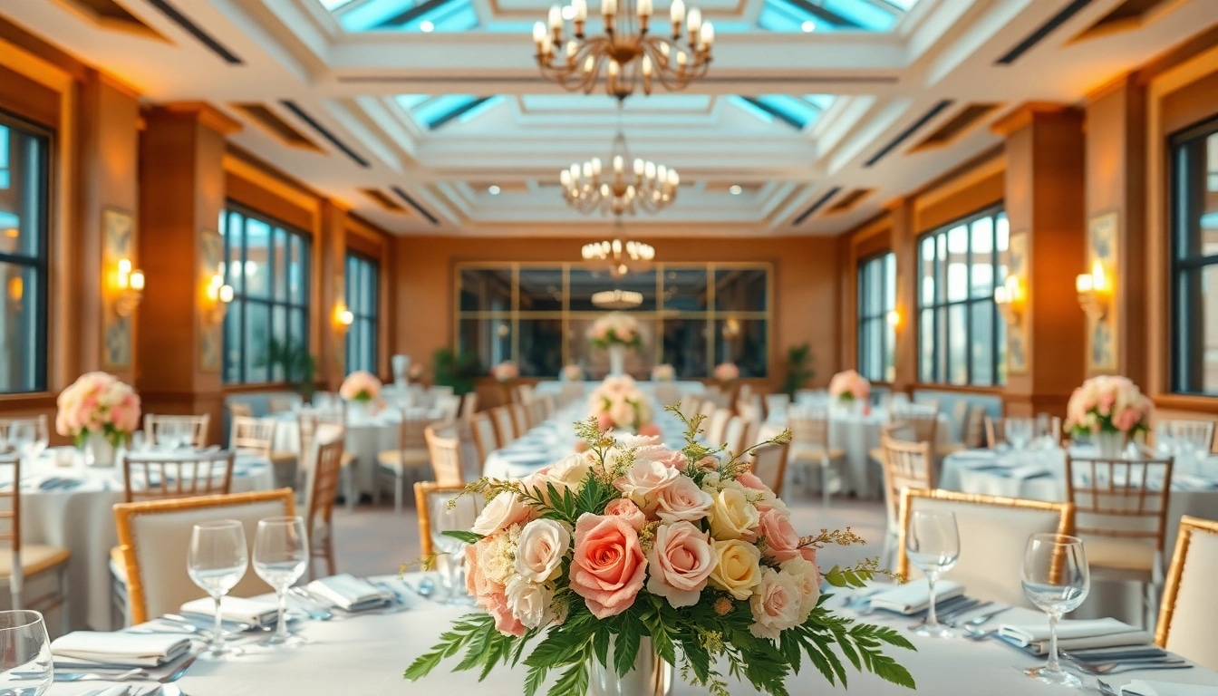 Gestalten Sie die perfekte event location mit eleganter Einrichtung und warmem Licht.