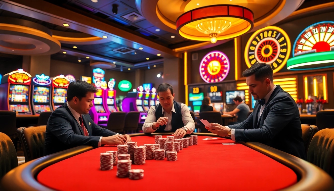 Engaging scene of kpi4d poker players at a luxurious casino table surrounded by slot machines and roulette.