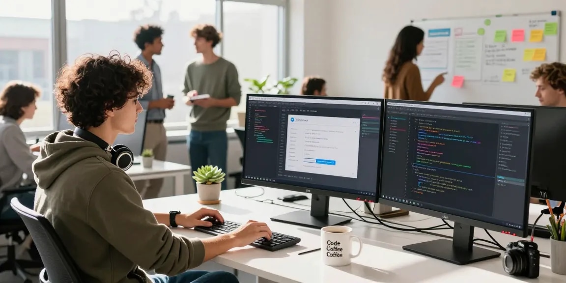 Developer using 纸飞机中文版 on dual monitors in a bright office