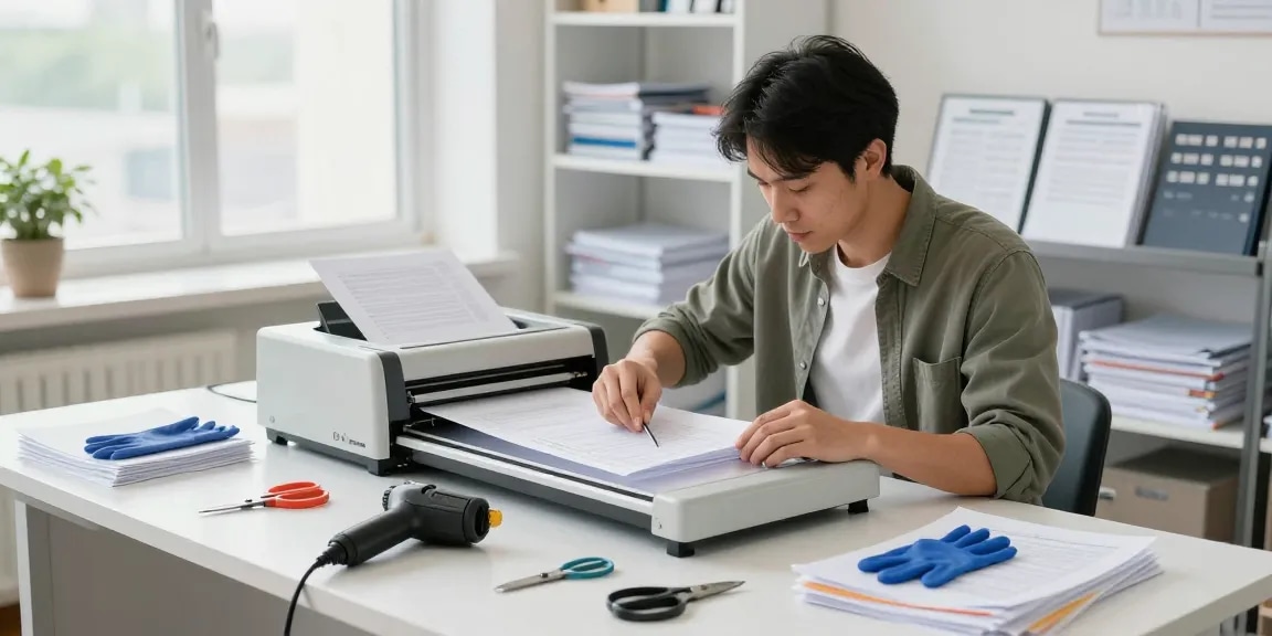 Quy trình phục hồi bóc lớp ép plastic hà nội với kỹ thuật viên loại bỏ tài liệu một cách an toàn trong một văn phòng sáng sủa.