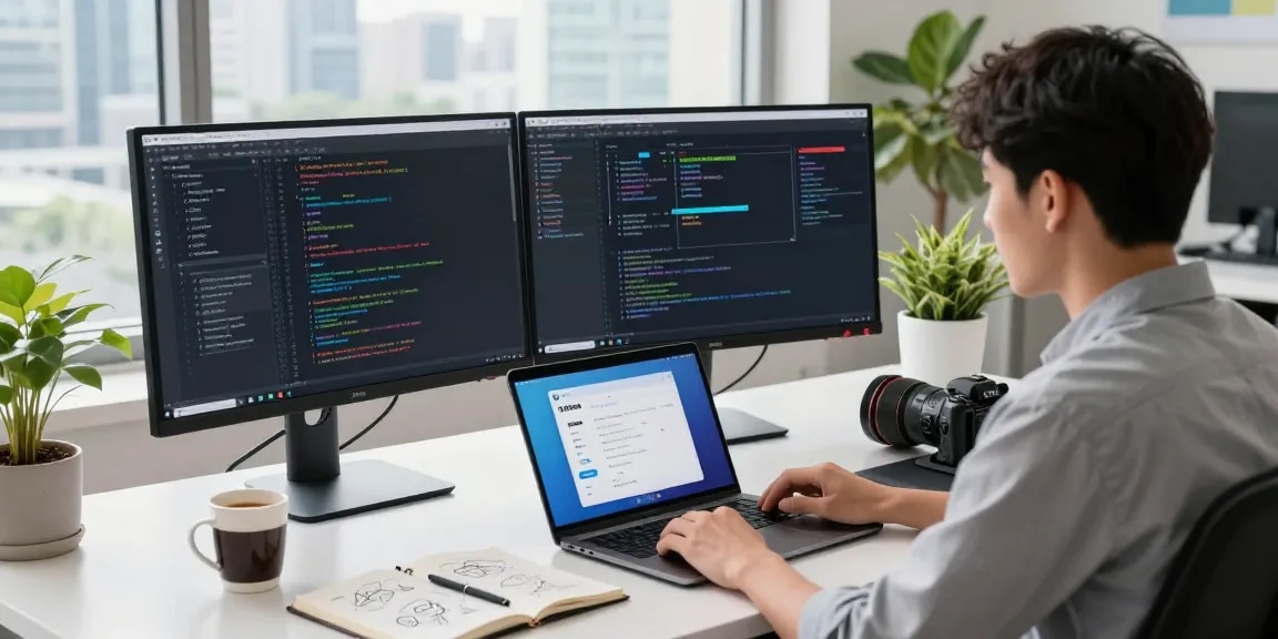 Developer configuring telegram中文版 on dual monitors in a modern tech workspace.
