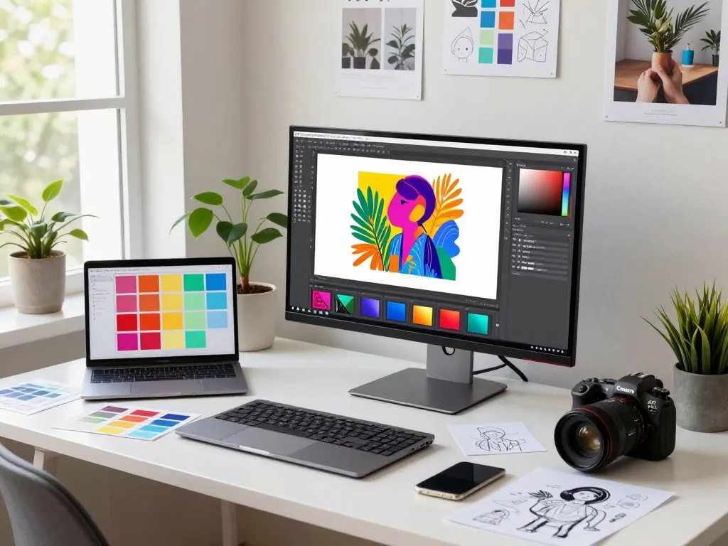 Designer using nano banana AI image editor at a modern workspace, surrounded by vibrant design tools and natural light.