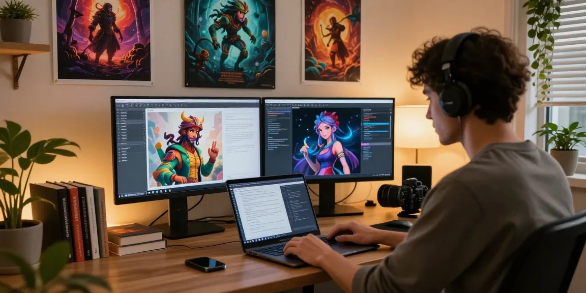 Tavern AI character creation scene in a cozy home-office highlighting engagement and creativity.