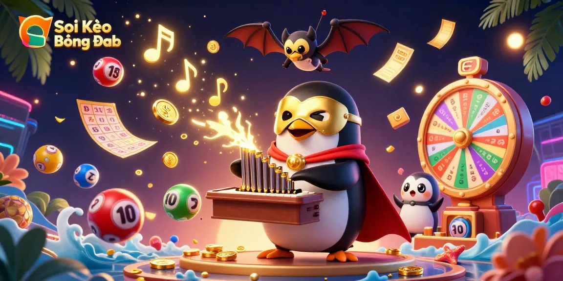 Soi Kèo Bóng Đá showcases a vivid scene with a phantom penguin, golden coins, and dynamic lottery elements.