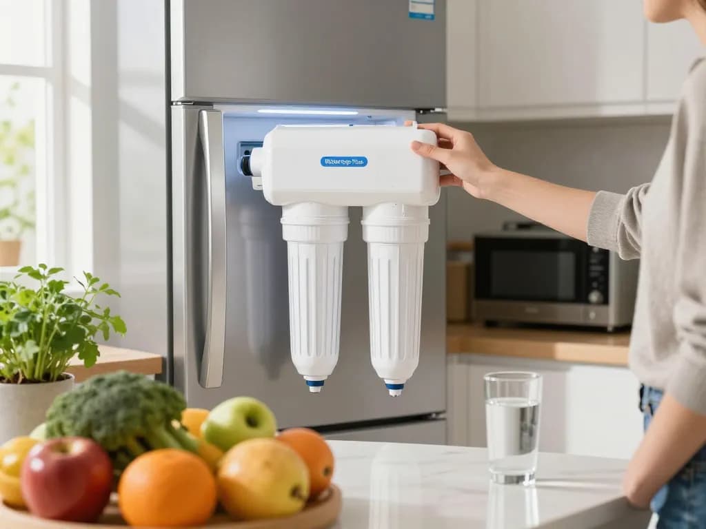 Replacing the Waterdrop Plus 8171413 Refrigerator Water Filter in a modern kitchen, showcasing fresh ingredients and clean water.