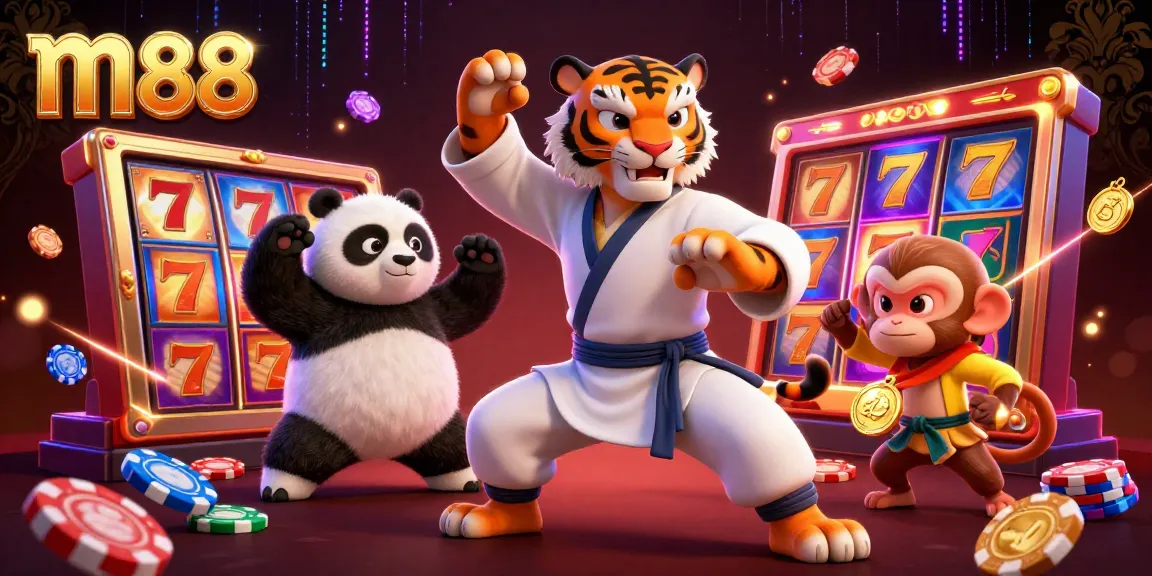 Engage with m88 slots featuring a kung fu tiger and panda in an action-packed casino scene.
