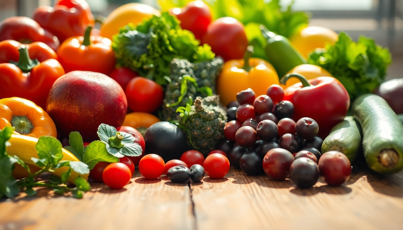 Showcase healthy fruits and vegetables symbolizing health with vibrant colors in a sunlit setting.