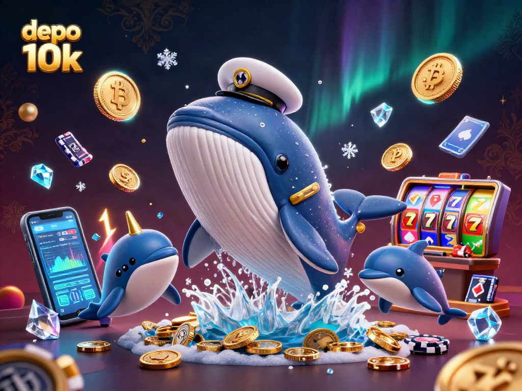 Engage with the depo 10k themed casino illustration featuring cartoon whales and crypto coins.