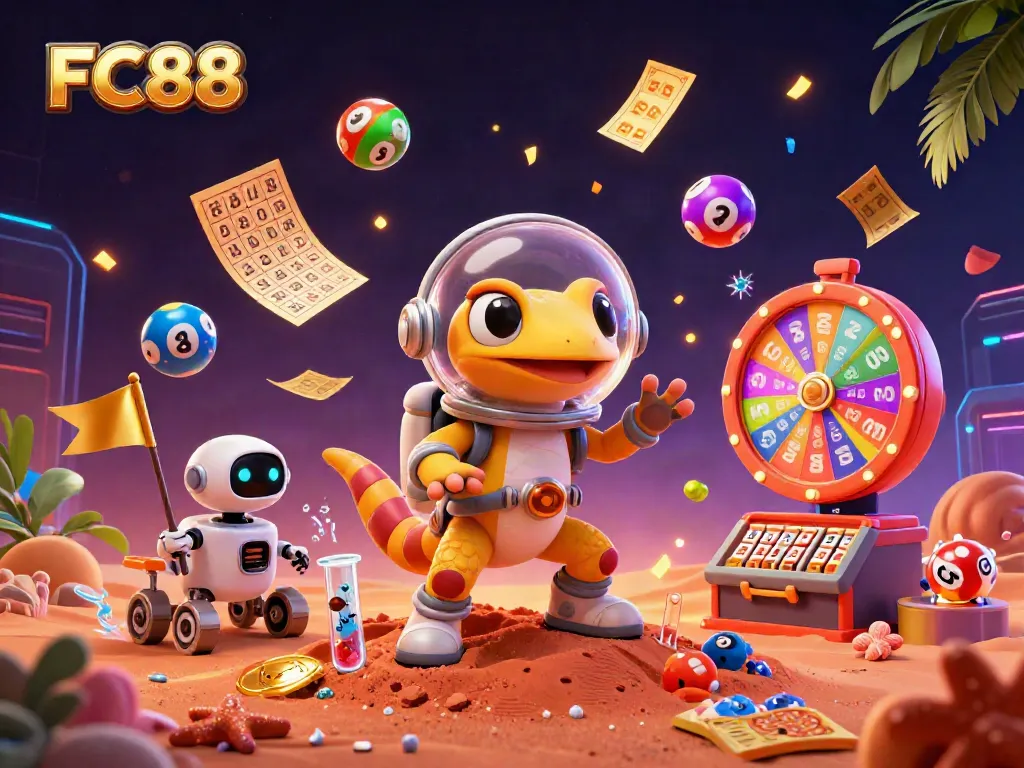 Experience exciting games at FC88 with a 3D cartoon Martian gecko discovering a golden casino.