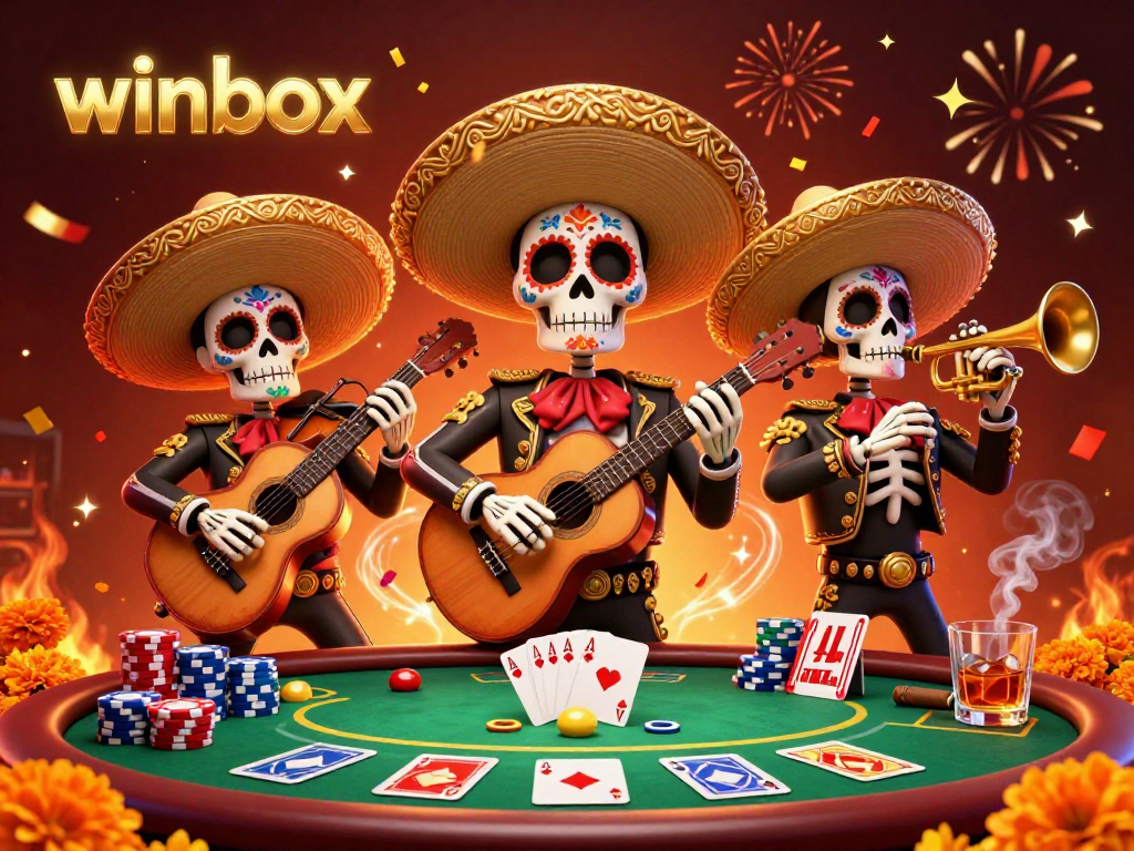 Exciting winbox gaming scene featuring colorful Dia de los Muertos musicians around a dynamic poker table.