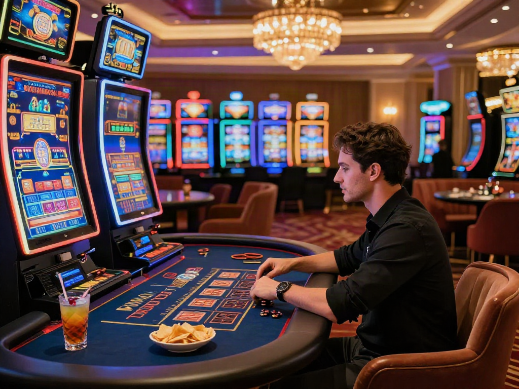 Pengunjung memainkan luxury12 di kasino online yang mewah, dikelilingi dengan mesin slot berkilau dan pencahayaan neon yang glamor.
