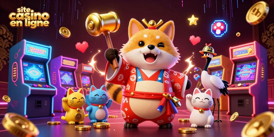 Jouez sur un site casino en ligne avec une illustration de tanuki chanceux et des maneki-neko.