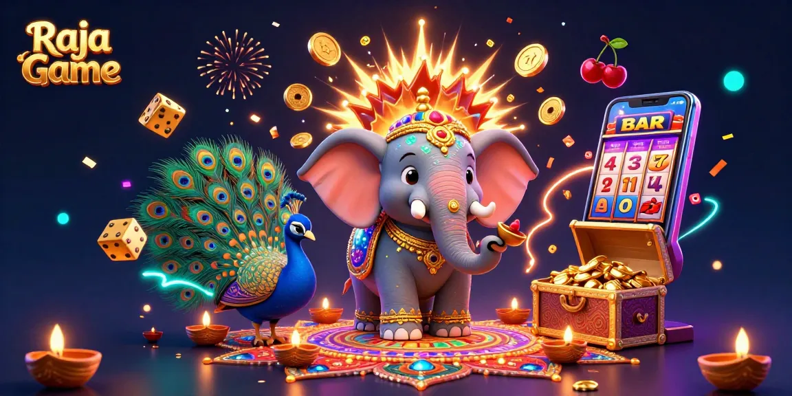 Experience the excitement of Raja Game with vibrant illustrations of a festive elephant and peacock amid dynamic gambling visuals.