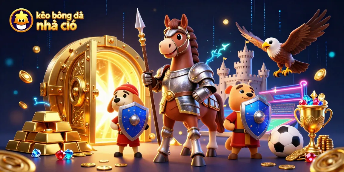 Place your bets with kèo bóng đá nhà cái in this vivid 3D illustration featuring sports elements and treasures.