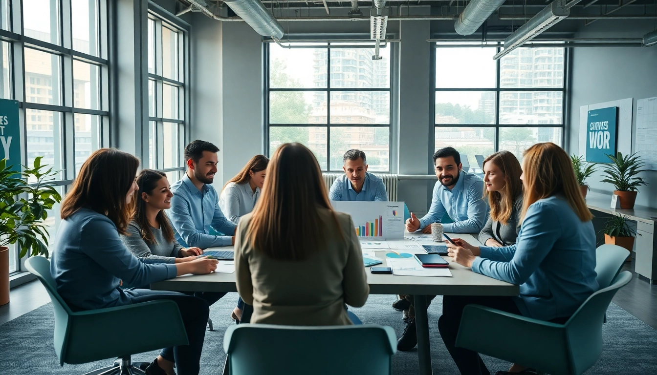 Inspiring visual of team brainstorming growth strategy trends in a modern office space.