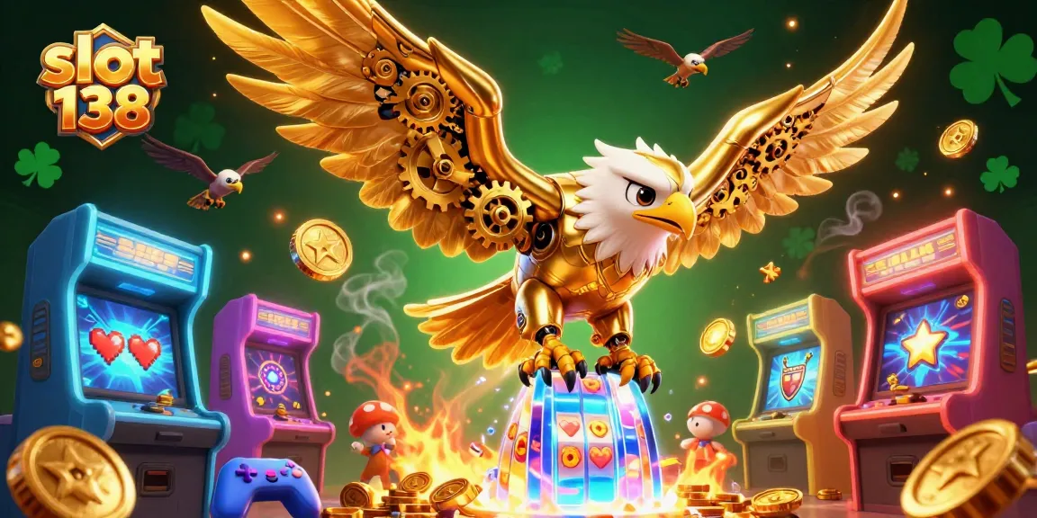 Experience the excitement of slot 138 with a cybernetic golden eagle soaring through dynamic game elements.