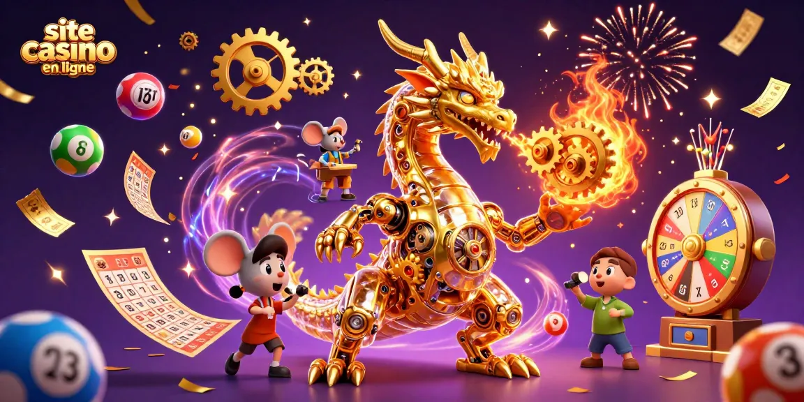 Jouer sur le site casino en ligne avec un dragon doré, des ballons de loterie, et des effets festifs.