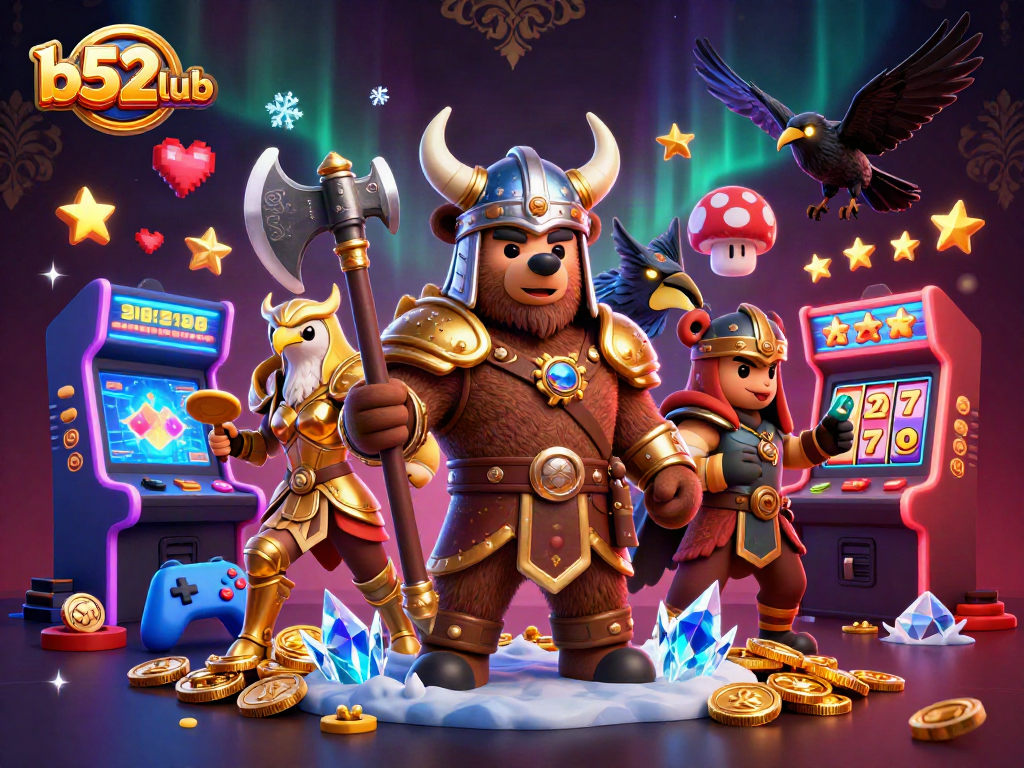 B52club showcases exciting games with a vibrant 3D Viking bear and Valkyrie eagle amidst coins and casino elements.