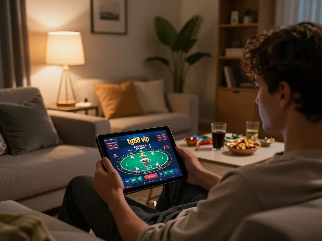 Engaging with tg88 vip online casino on a tablet in a cozy living room setup.