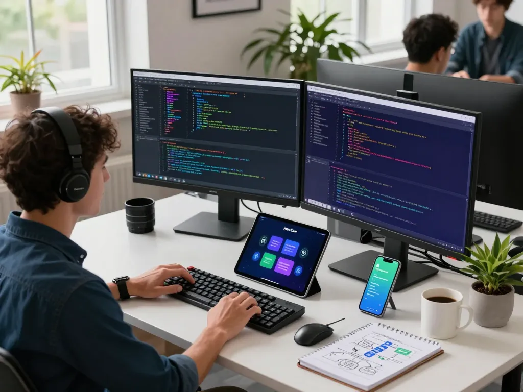 Developer utilizing OpenClaw on dual monitors in a modern workspace with natural light, coding and managing tasks.