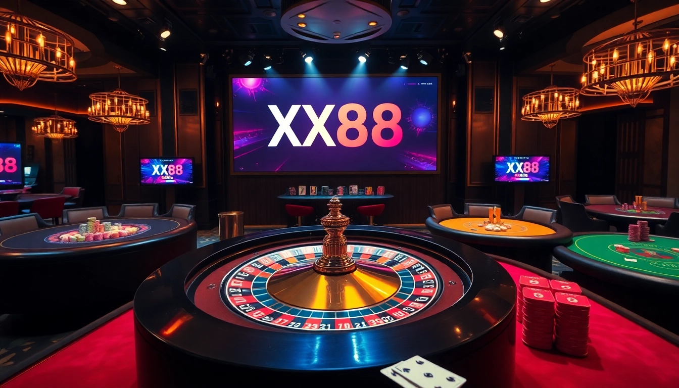 Experience high-stakes excitement at XX88 with a luxurious casino scene featuring poker tables and roulette wheels.