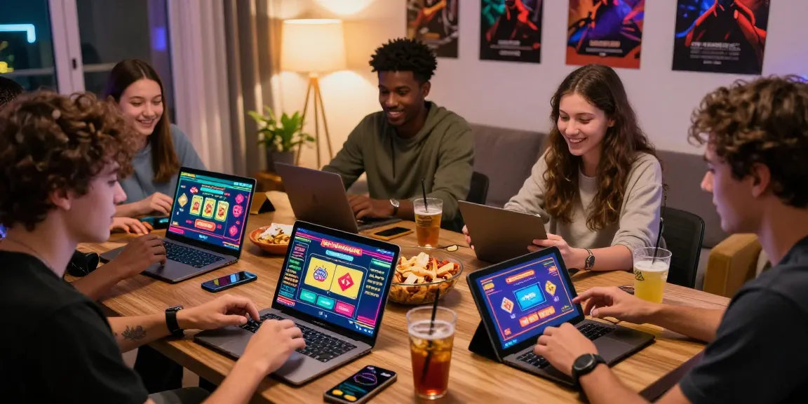 Group of friends enjoying credit card casinos and gaming night at home with laptops and drinks.