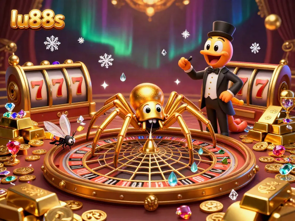 Place strategic bets with lu88s at a vibrant casino scene featuring a golden spider and lavish elements.