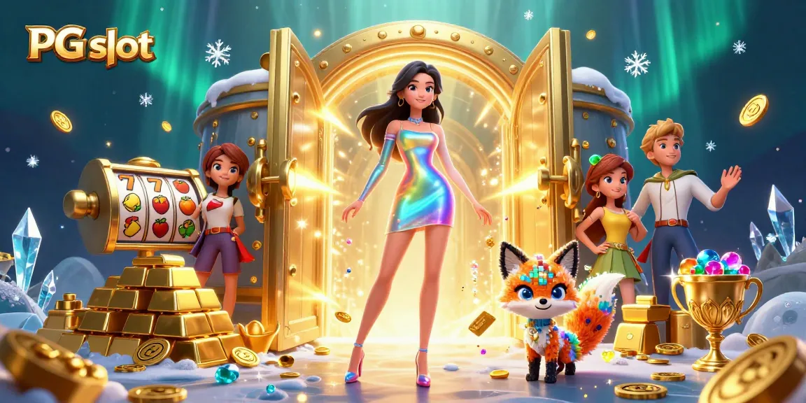 Win big with PG slot - vibrant casino scene featuring colorful reels and treasures.