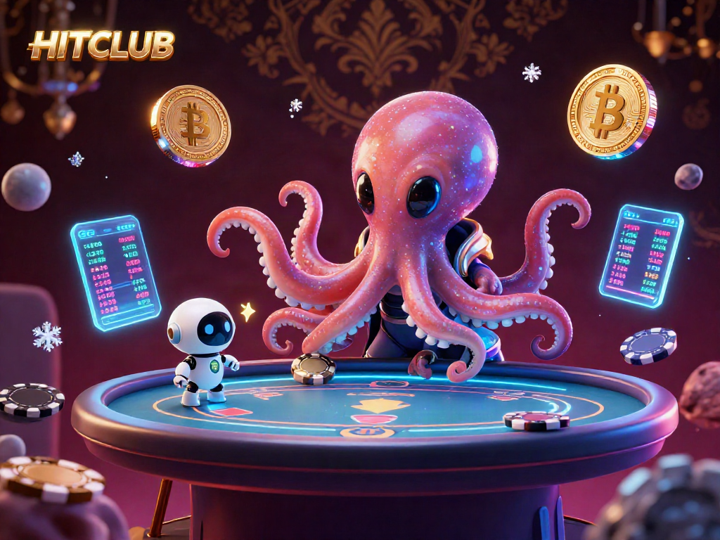 Join HITCLUB for exciting poker action with colorful cosmic characters and cryptocurrency elements!