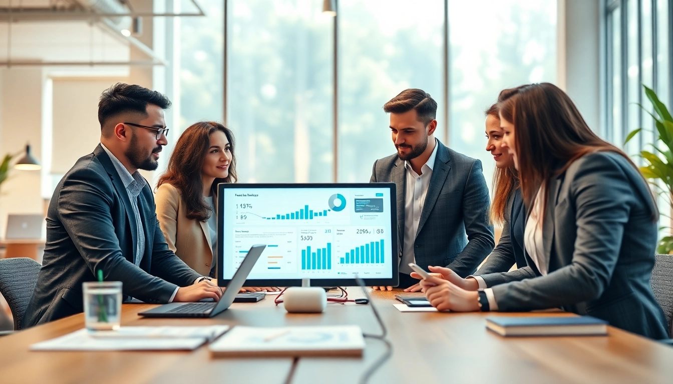 Engaging sales professionals collaborating to hire reps by industry in a modern office setting.