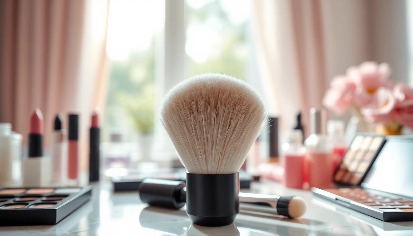 Applying makeup with a dense makeup brush featuring fluffy bristles in a bright, organized vanity setting.