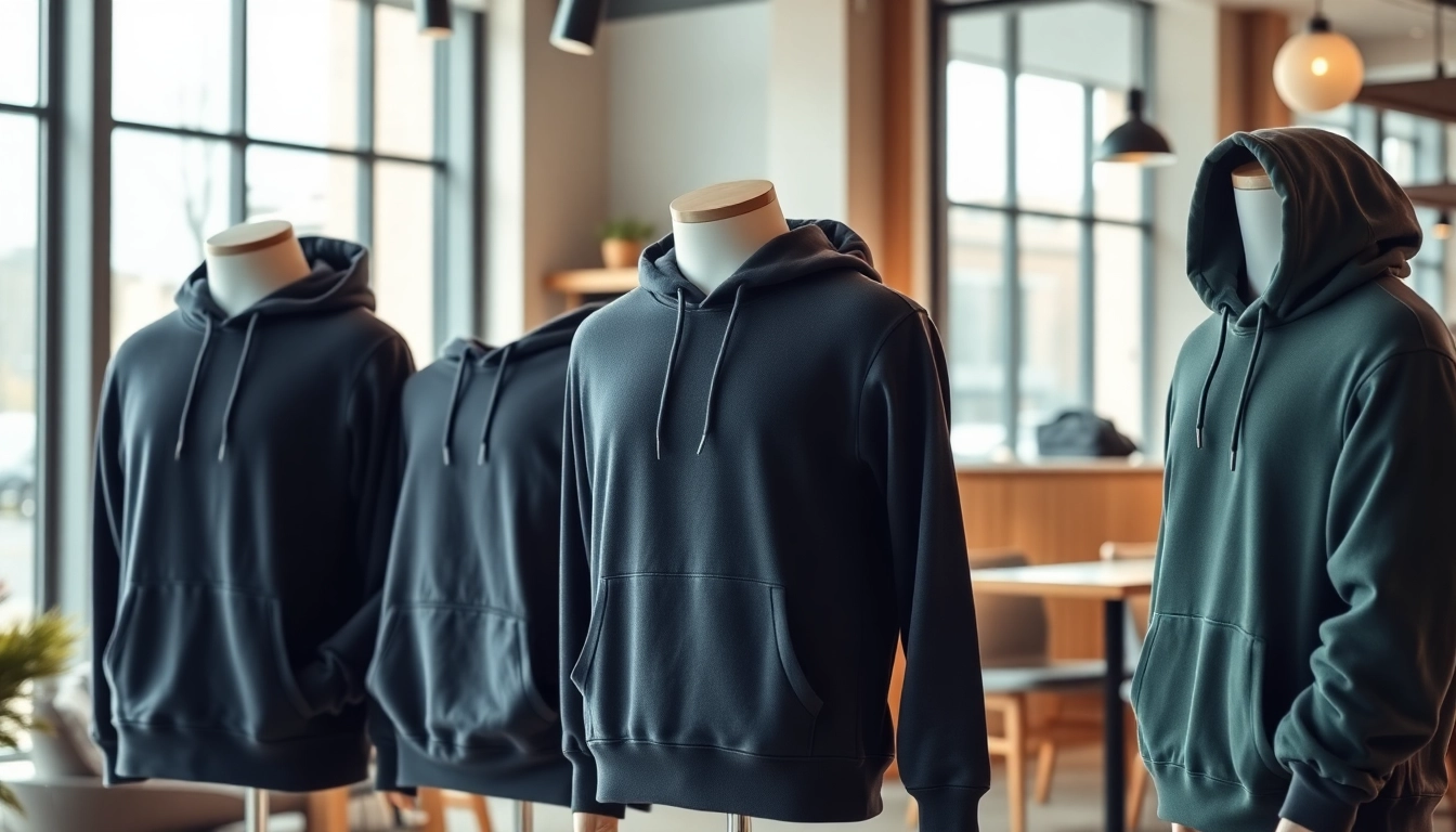 Showcasing plain hoodies displayed in an inviting urban café setting.