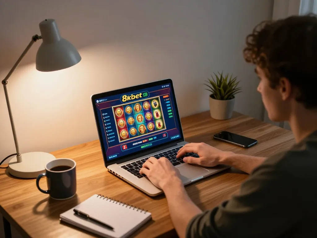 Engaged player enjoying an 8kbet online casino game on a laptop with a cozy setup.