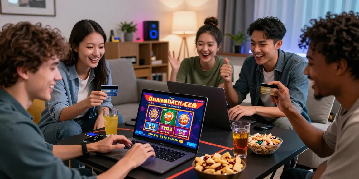 Friends enjoying credit card casinos at home, excitedly playing online games together with laptop and snacks.
