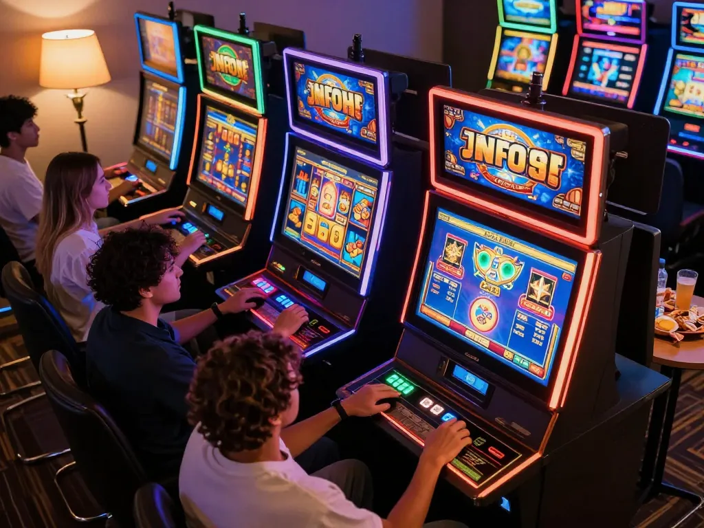 Players enjoying spinning the reels on agenslot188 slot games with exciting graphics in a lively online casino.