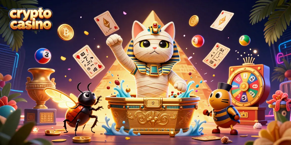 Coinvolgi te stesso nel divertimento di un crypto casino con un gatto mummia e simboli di criptovaluta vibranti.