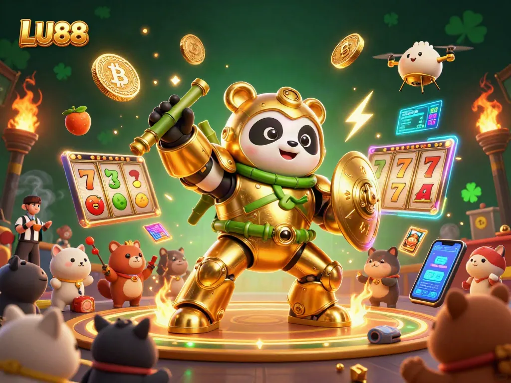 Experience thrilling gaming action with LU88 in a vibrant 3D casino scene featuring golden panda pilots, jackpots, and crypto elements.