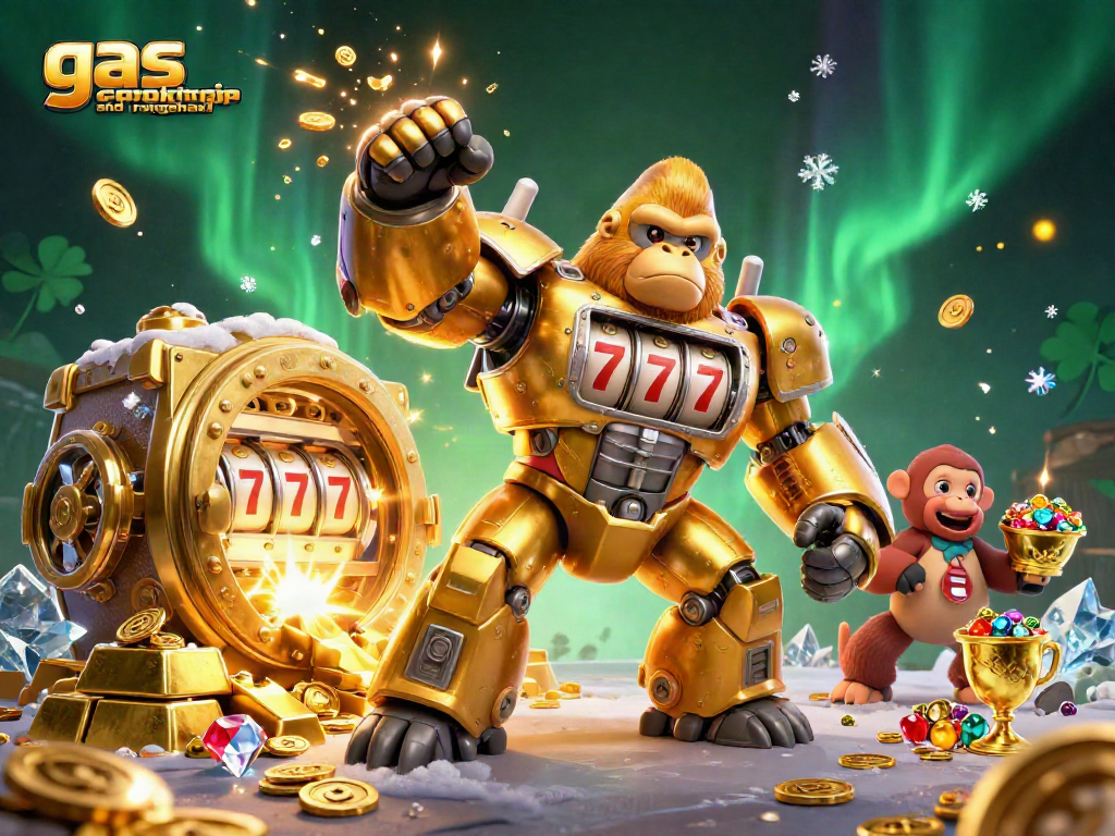 Spin the reels with a golden gorilla mech in this vibrant illustration for gas cooktop and rangehood.