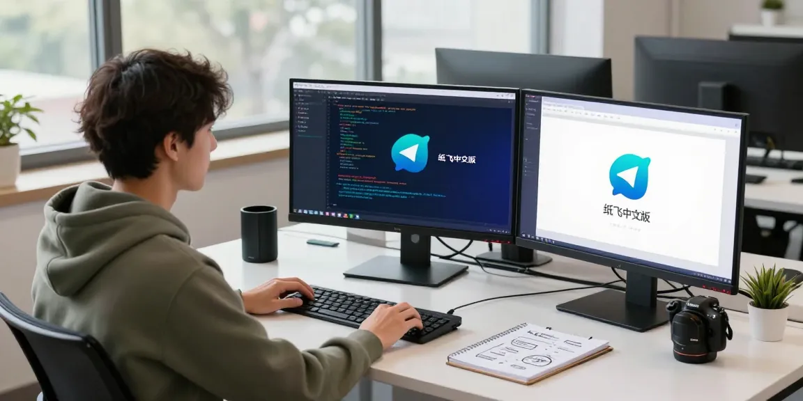 Engaging tech setup showcasing 纸飞机中文版 on multiple screens in a bright workspace.