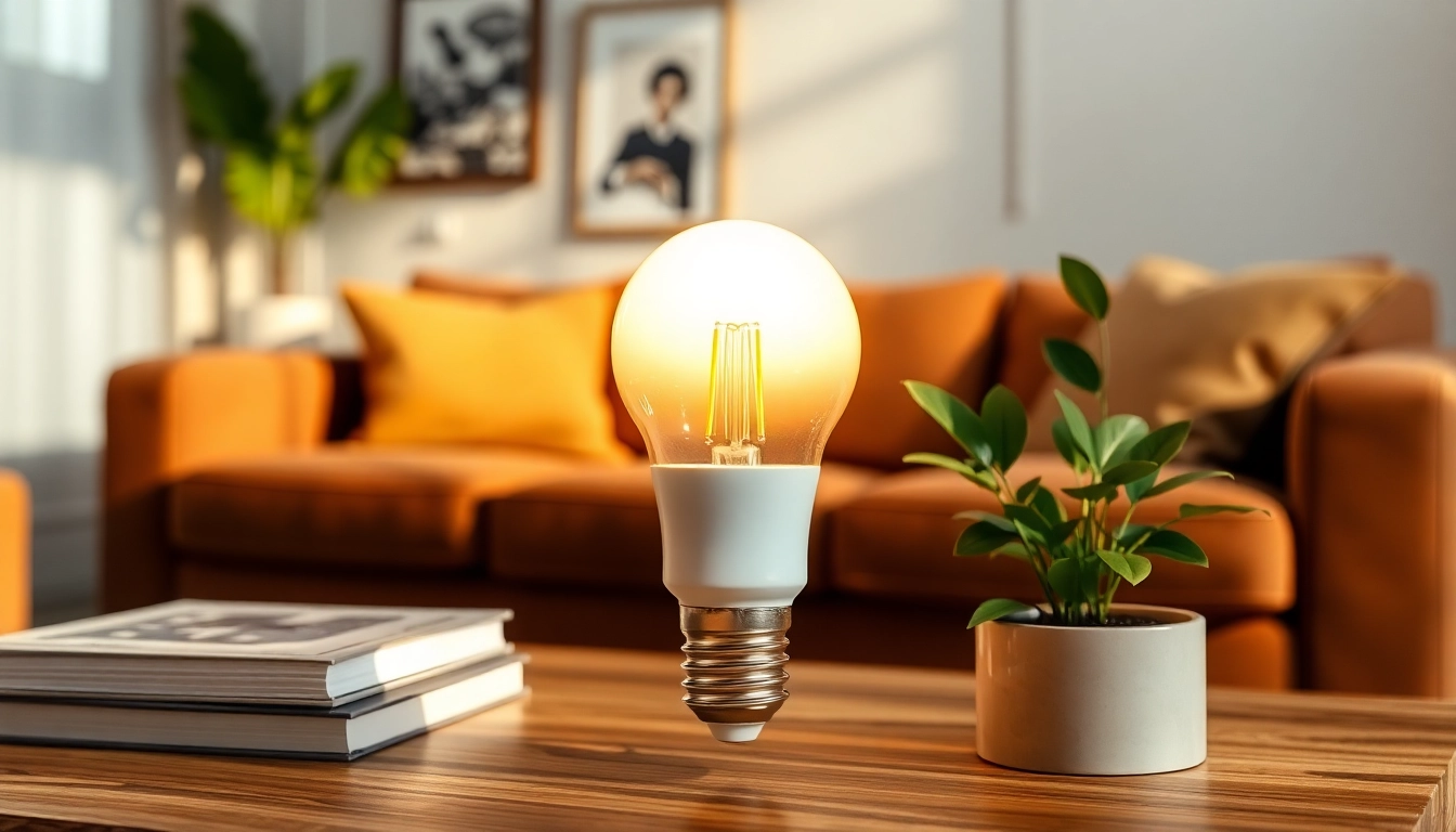 Brightly lit a19 led bulb illuminating a stylish living room, enhancing the cozy atmosphere.