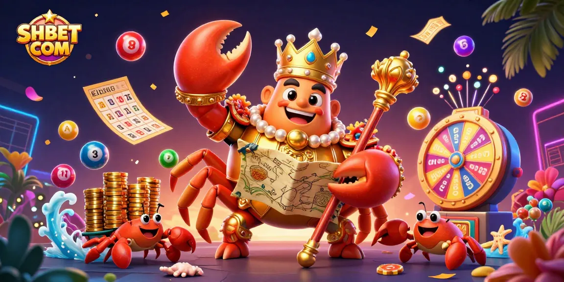 Engage with exciting games at SHBET COM featuring a golden crab emperor, vibrant lottery balls, and dynamic gaming elements.
