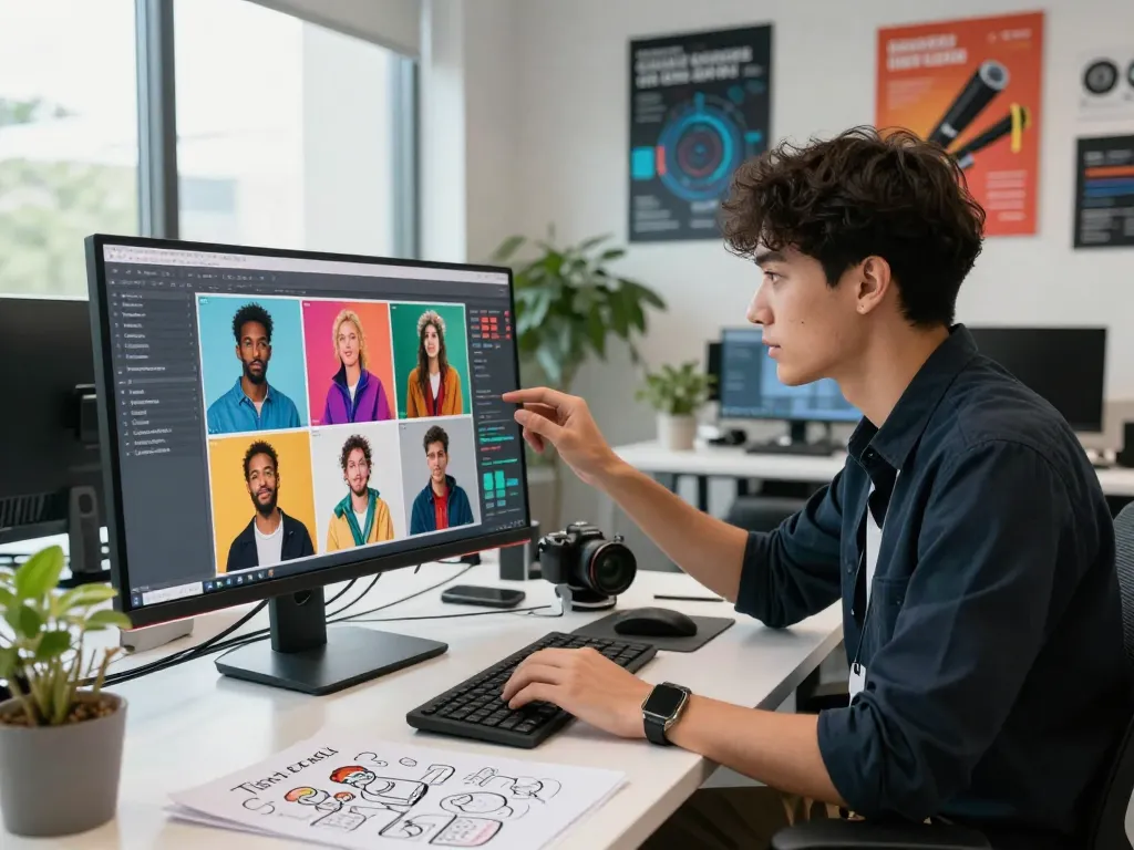 AI professional generating visual prompts by analyzing images in a modern workspace.