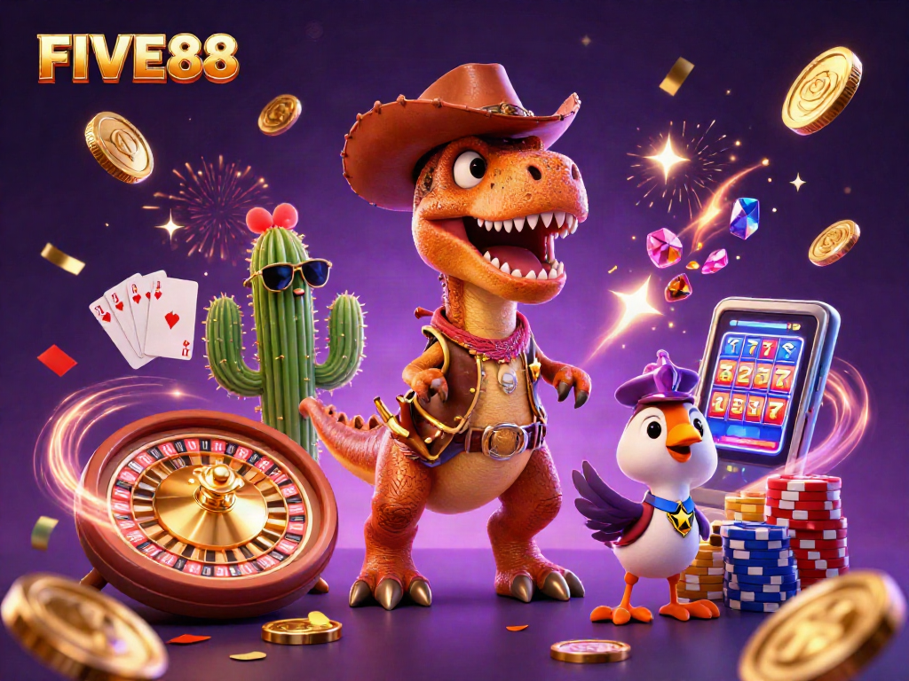 Engaging FIVE88 casino scene featuring a T-Rex, cactus, and roadrunner with gaming elements.