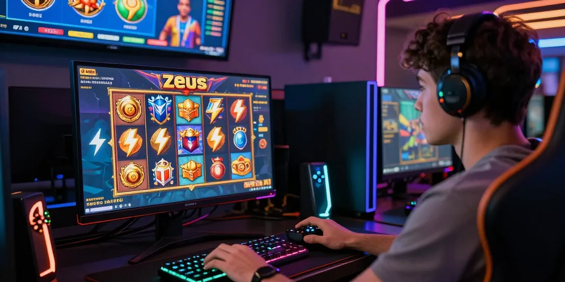 Player enjoying zeus slot game on a high-end gaming setup, showcasing vibrant graphics and immersive atmosphere.